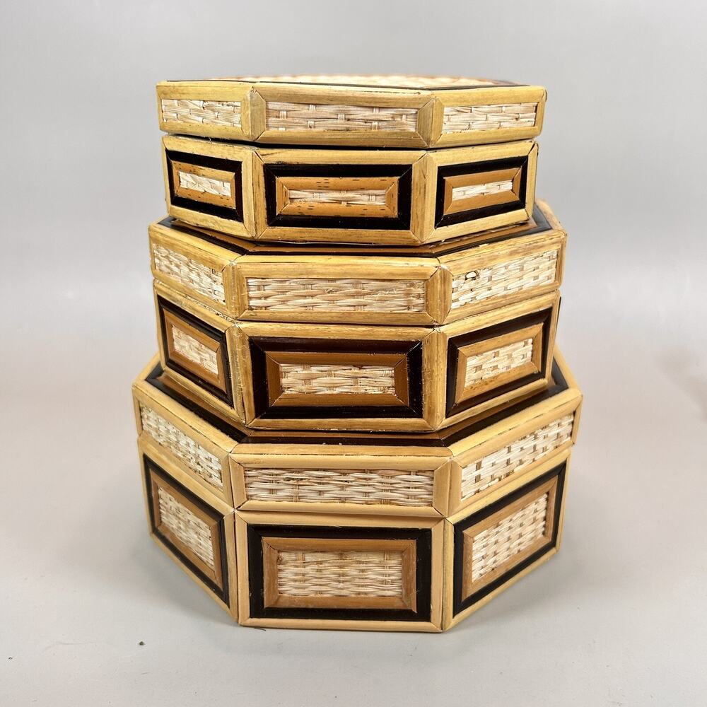 Vintage Bamboo Wicker Hexagon 3 Nesting Jewelry Trinket Boxes- EUC